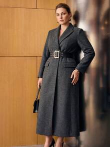 MOTF PREMIUM WOMEN'S PLUS SIZE AUTUMN/WINTER LAPEL CINCHED WAIST WIDE LEATHER BELT SLIMMING OVERCOAT - Dark Grey - View 4