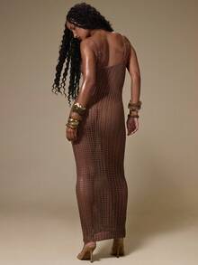 MUSERA Brown Crochet Open Knit Bodycon Beach Cover Up Maxi Dress - Chocolate Brown - View 4