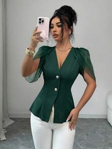 SHEIN Elenzya 女士优雅浪漫修身西装外套，V领设计，褶裥收腰 - 墨綠色 - 查看 6