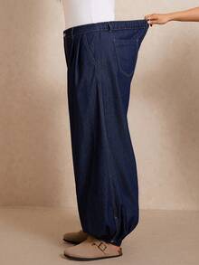 Slaydiva Plus Size Women's High Waist Loose Casual Lantern Denim Jeans - Blue - View 3
