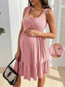 GentleRue Maternity Maternity Solid Color Ruched Button Design Nursing Slip Dress Baby Shower Summer - Pink - View 3