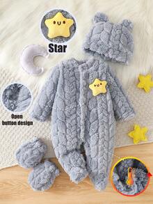 Neugeborenes Baby Unisex Blau Doppelseitig Zopfstrick Plüsch Langarm Langer Jumpsuit Mütze Handschuhe Set, Bequem Niedlich Weich Stern Dekor Hauskleidung, Geeignet für Outdoor - Blau - Übersicht 1