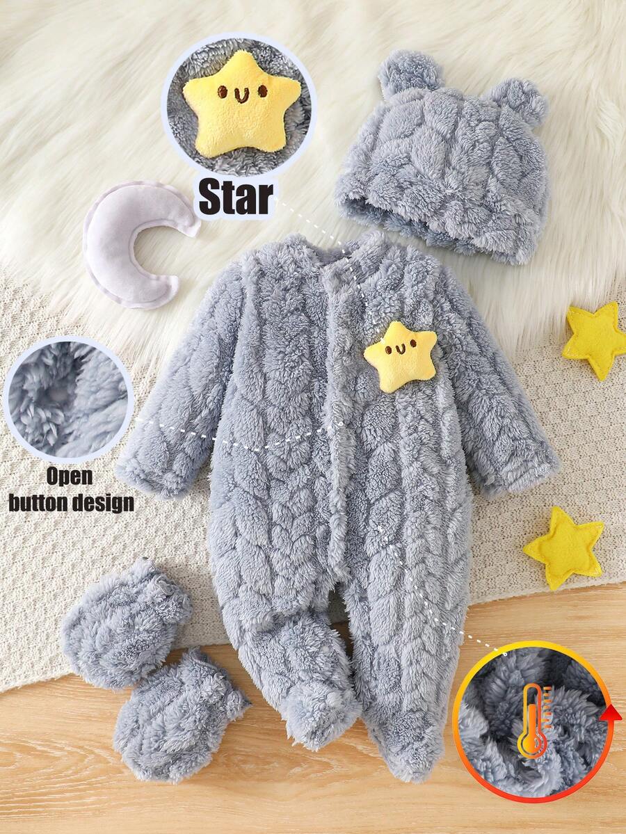 Neugeborenes Baby Unisex Blau Doppelseitig Zopfstrick Plüsch Langarm Langer Jumpsuit Mütze Handschuhe Set, Bequem Niedlich Weich Stern Dekor Hauskleidung, Geeignet für Outdoor - Blau - Übersicht 1
