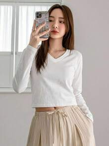 Dazy-Less Spring/Autumn Casual Versatile Solid Color Long Sleeve T-Shirt - White - View 3