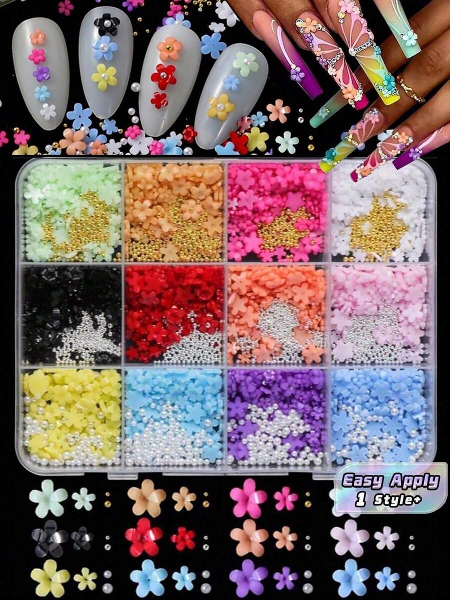 Este Conjunto de Arte de Unhas com 12 Compartimentos de Mistura Aleatória de Flores e Strass é Adequado para Salões de Unhas DIY, Festas na Praia, Férias de Verão e Uso Diário. Ele Apresenta um Brilho Cintilante, Aplicação Fácil, um Efeito 3D Elevado e um Visual. - Multicolorido - Visão 1