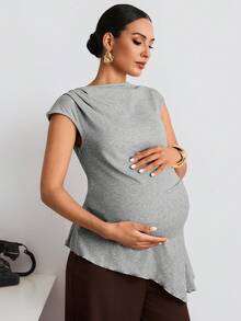MaterniWear Maternity Solid Color Boat Neck Cap Sleeve Asymmetric Hem Casual Maternity Maternity T-Shirt Summer Photoshoot Photoshoot - Grey - View 3