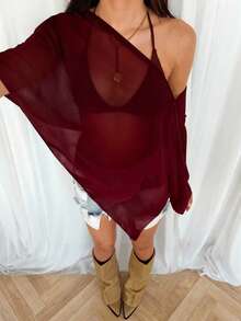 TRNVIE 春夏度假風亮銀線披肩斗篷式不對稱單肩米色女款上衣 - 酒紅色 - 查看 3