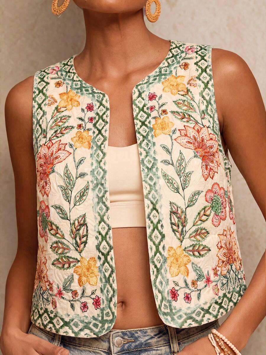 Travachic 女款花卉與鸚鵡刺繡開襟輕量背心外套，波西米亞風，休閒女裝風格，外出穿搭，優雅鄉村風，休閒優雅 - 彩色 - 查看 1