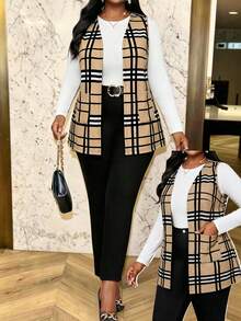 SHEIN Lady 大尺碼女款格紋休閒商務休閒優雅百搭日常穿搭背心外套 辦公正式 卡其色、黑色與白色格紋 夏季 - 卡其色 - 查看 1