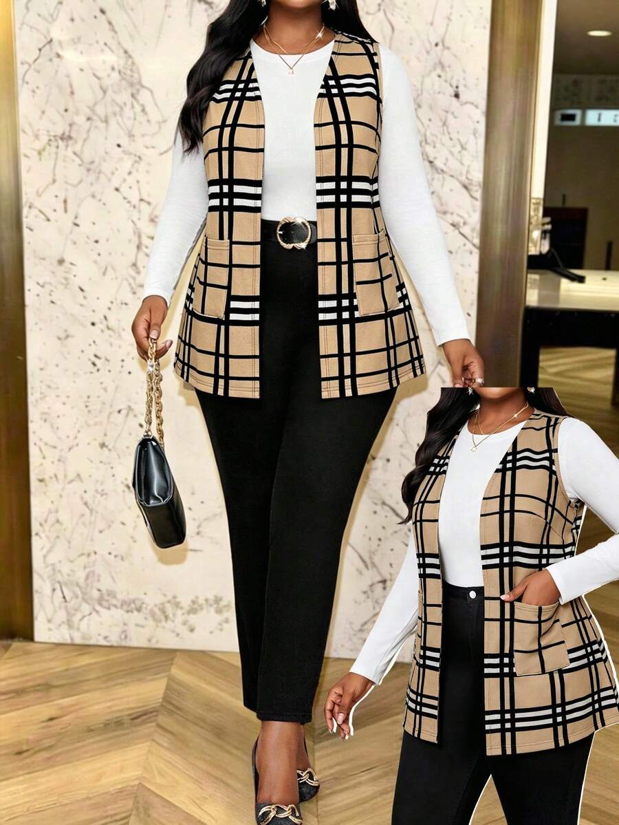SHEIN Lady 大尺碼女款格紋休閒商務休閒優雅百搭日常穿搭背心外套 辦公正式 卡其色、黑色與白色格紋 夏季 - 卡其色 - 查看 1
