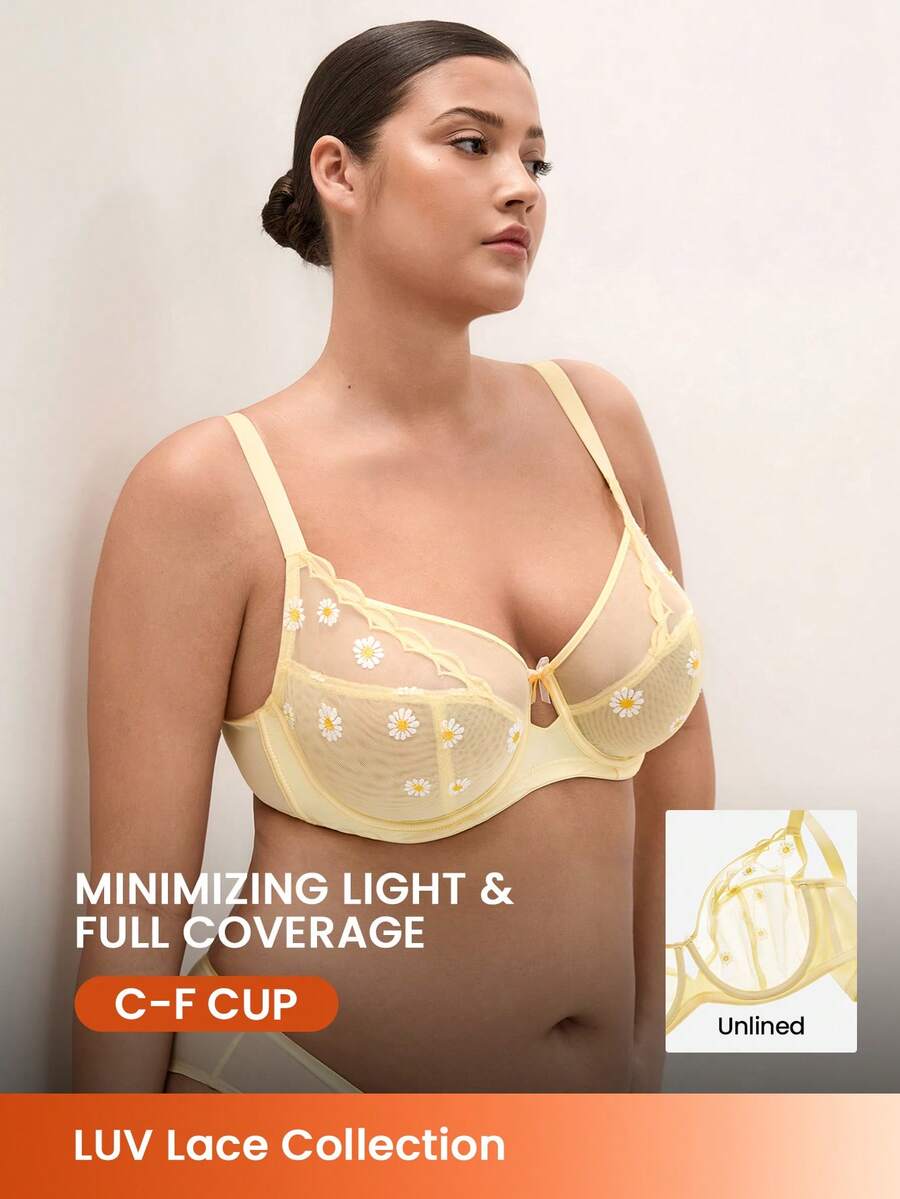 LUVLETTE Plus Daisy Embroidered Elegance Lingerie Lounge Curve Full Coverage Breathable Unlined Floral Lace Yellow Sheer Minimizer Mesh Intimates Bra - Yellow - View 1