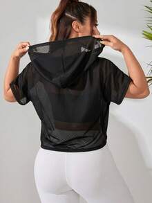 SHEIN Rhythm Era 加大码女式夏季薄纱网眼短袖抽绳连帽卫衣 - 黑色 - 查看 2