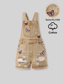 SHEIN Elladie kids Denimly 青少年女孩休閒日常都市街頭淺色水洗可愛蝴蝶刺繡牛仔吊帶短褲，破洞磨損下擺與毛邊設計 - 卡其色 - 查看 3