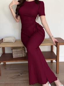 Feyla 女款純色百褶短袖上衣與喇叭褲休閒日常兩件套 - 酒紅色 - 查看 7