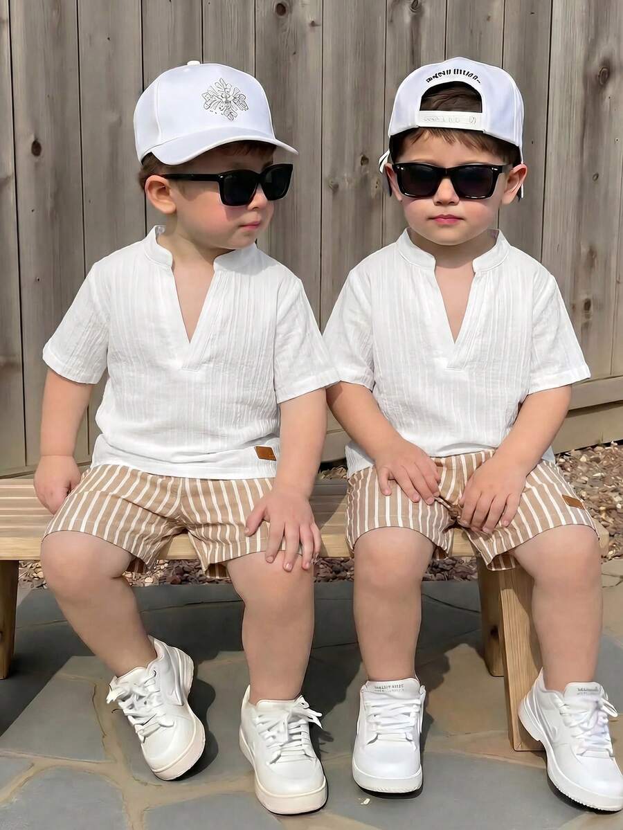 SHEIN 2pcs Kids Young Boy Casual Short Sleeve V-Neck Shirt & Shorts Set Matching Set Vacation Comfortable Cute Street Wedding Birthday Party Back To School - Multicolor - View 1