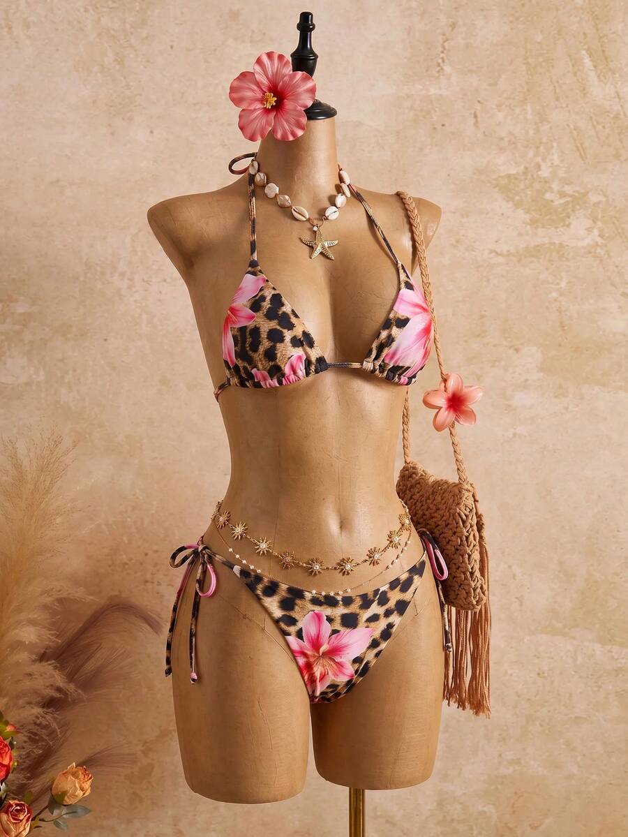 SHEIN 2件套女士花卉豹纹性感系带比基尼套装 - 彩色 - 查看 1