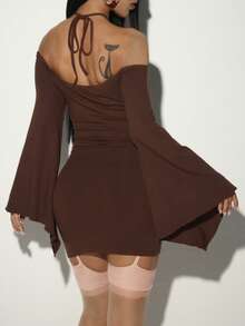 EgrlEra Vintage Sexy Coffee Brown Beaded Waist-Cinching Off-Shoulder Halter Neck Dress, Niche Hot Girl Style, Asymmetrical Long Sleeve Party Club Autumn - Brown - View 3