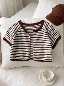 Comfortcana Women's White And Brown Raglan Short Sleeve Casual French Thin Cardigan Brunch Summer - Multicolor - View 7