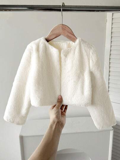 SHEIN Young Girl Young Girl Kids Young Girl Young Girl Young Girl Autumn/Winter Minimalist Faux Fur Coat, Suitable For Party, Street Wear