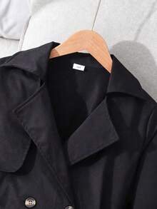SHEIN 优雅贴身通勤百搭经典卡其色翻领袖口双排扣系腰风衣，适合少女 - 黑色 - 查看 6