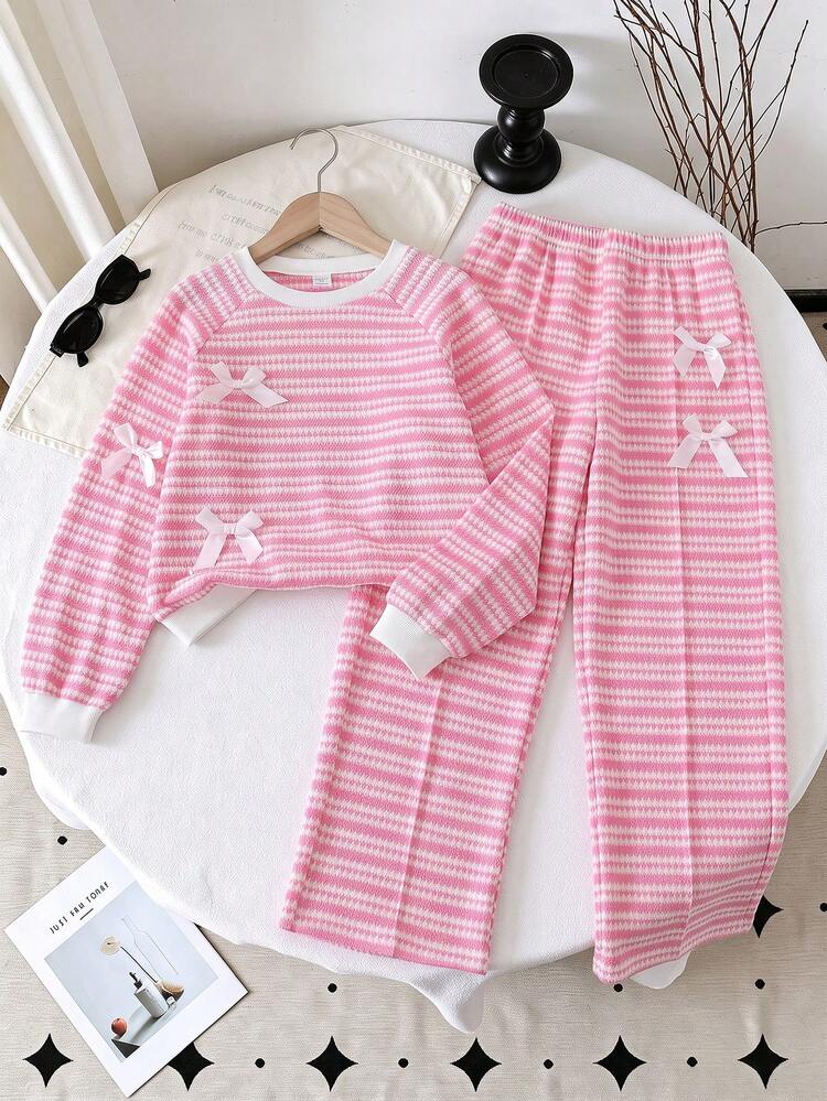 Tween Girls New Fashion Grey Crew Neck Long Sleeve Top With Wide Leg Pants Bow Decor 2-Piece Set, Autumn/Winter - Pink - View 1