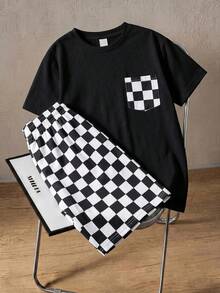 SHEIN 2pcs Kids Tween Boy Casual Q-Checkerboard Sporty Style Loose Knit Crew Neck T-Shirt And Knit Shorts Set, Suitable For Spring/Summer Home And Outdoor Wear - Black - View 2