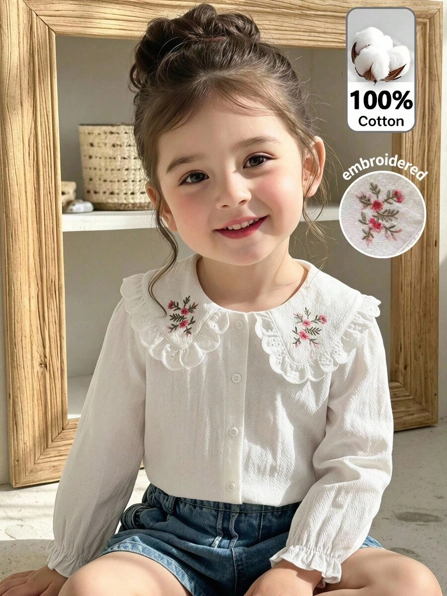 LMoss Kids 女童法式優雅梭織純色大翻領刺繡前扣長袖休閒襯衫 - 白色 - 查看 1
