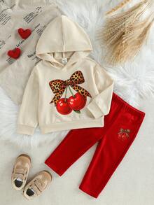 SHEIN Playful Pals 女嬰時尚可愛豹紋蝴蝶結與櫻桃印花連帽衛衣 + 配色拼接長褲套裝 - 彩色 - 查看 5