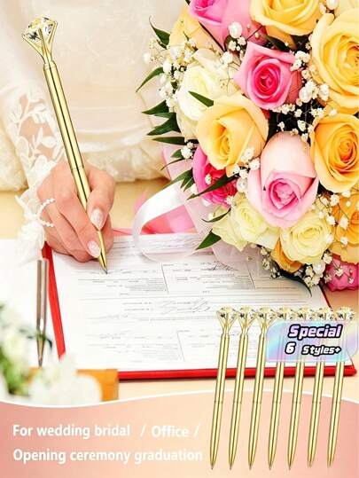 6/12pcs Rhinestone Pens With Artificial Crystal, Bridal Shower Pens, Metal Bling Pens, Cute Ballpoint Pens, Beautiful Wedding Pens For Bridal Shower, Party, Office, School Back To School