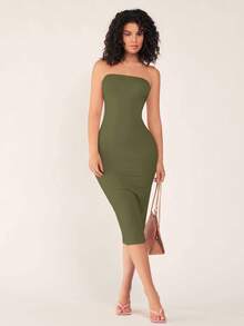 SHEIN BASICS 女款無肩帶修身緊身休閒性感晚餐洋裝 夏季女款晚裝 夜出約會夜店橄欖綠 - 軍綠色 - 查看 5