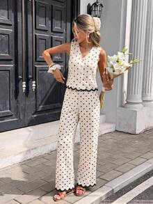 Serisse Women's Polka Dot Black And White Pattern Button Placket V-Neck Vest And Pants Set Vacation Summer Casual - Green - View 13