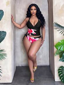Slaydiva Conjunto de tankini con estampado floral de halter para vacaciones de verano de talla grande - Negro - Ver 3