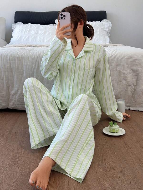 Livesso Women's Striped Single-Breasted Long Sleeve Top And Loose Long Pants Pajama Set