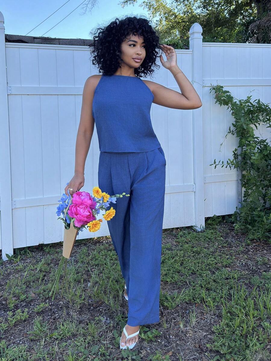 Alexandranx Women's Summer Striped Spaghetti Strap Top And Pants Casual 2 Pieces Set Lounge Sets For Women Short Sets For Women Elegant - Navy Blue - View 1