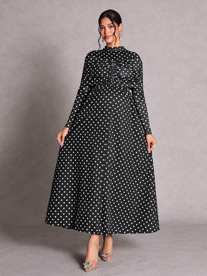 SHEIN Autumn/Winter Maternity Long Sleeve Spring/Autumn Maternity Dress Elegant Slim Fit Maternity Black & White Polka Dot Dress,Summer Holiday Outfits