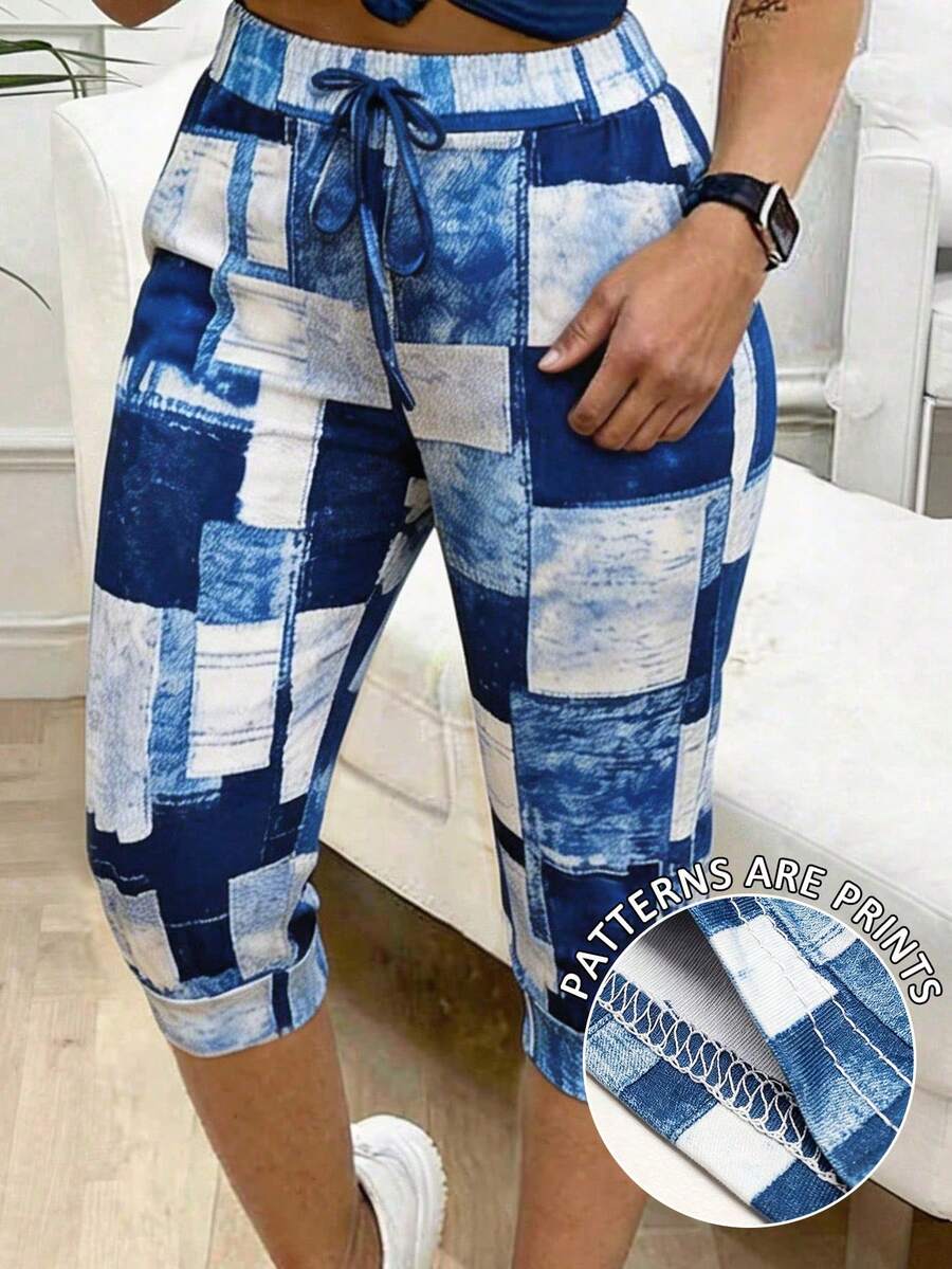 Tropvida Plus Size Denim Effect Print Capri Pants - Multicolor - View 1