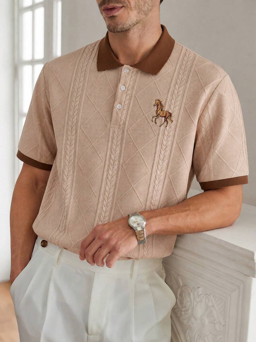 Core Aspect 男士休閒提花 Polo 衫,針織鉤編面料,刺繡 Polo 衫,休閒風格 Polo 衫,鈕扣式 Polo 衫,適合日常出遊 - 杏色 - 查看 1