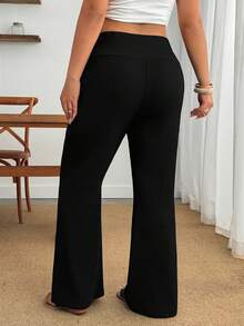 SHEIN PETITE CURVE 大尺碼女款休閒黑色高腰喇叭褲 秋季 - 黑色 - 查看 2