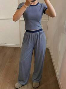 DAZY Women's Round Neck Striped Short Sleeve Top And Long Pants Casual Daily Homewear Set Summer Pajamas - Navy Blue - View 4
