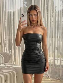 SHEIN ICON Women's PU Leather Slim Solid Color Tube Top Dress - Black - View 2