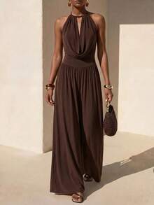 SHEIN x Rafa Kalimann Zivah Women's Solid Color Draped Neck Cowl Neck Fashion Jumpsuit For Vacation - Brown - View 2