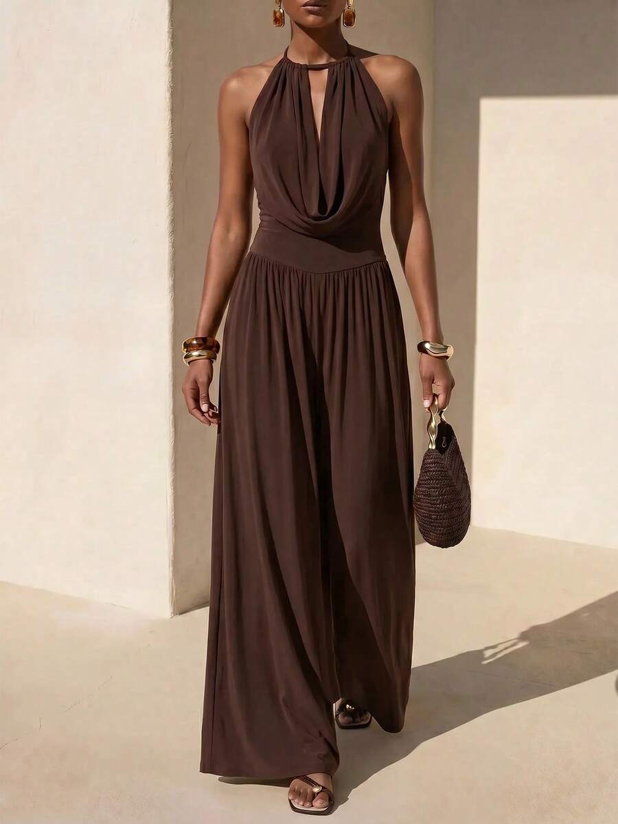 SHEIN x Rafa Kalimann Zivah Women's Solid Color Draped Neck Cowl Neck Fashion Jumpsuit For Vacation