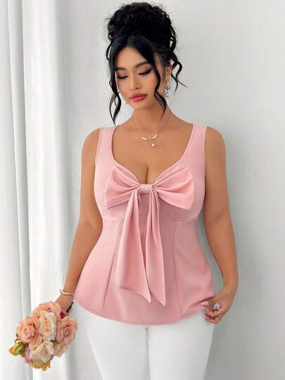 Elenzga Plus Size Women's Pink Contrast Color Bow Sleeveless Tank Top, Ruffle Hem Sweet Cool Style Youthful Waist-Flattering Slimming Elegant Woven Regular Top. Suitable For Daily Casual, Date, Beach Vacation.