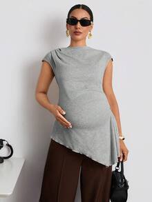 MaterniWear Maternity Solid Color Boat Neck Cap Sleeve Asymmetric Hem Casual Maternity Maternity T-Shirt Summer Photoshoot Photoshoot - Grey - View 5