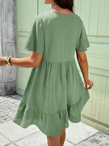 Boho Mama Maternity Solid Color Round Neck Short Sleeve Ruffle Hem Casual Dress - Green - View 2