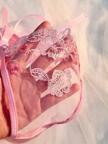 Crystal Vow 粉色花卉刺繡女款內衣套裝，心形水鑽扣飾，可調式肩帶鋼圈文胸，側綁帶丁字褲，性感兩件套 - 粉色 - 查看 6
