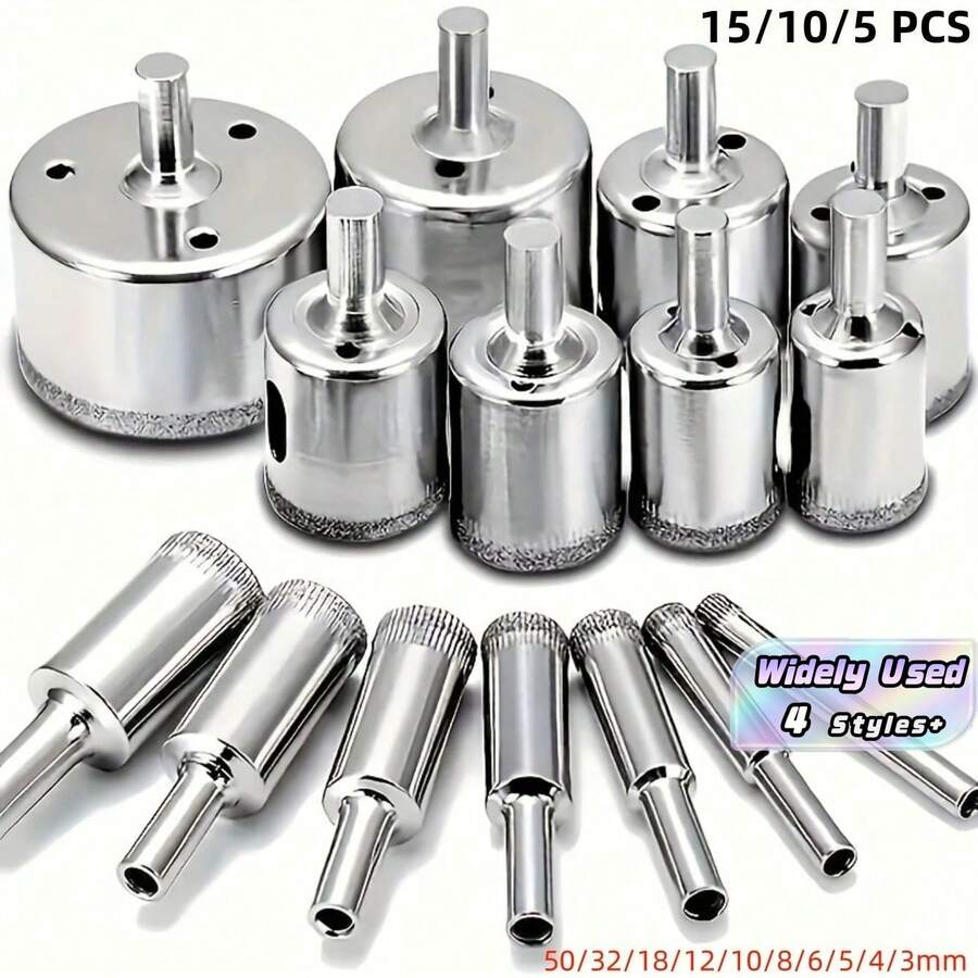 5/10/15Pcs Diamond Coated Drill Bits Set High Speed Steel Hole Saw Cutter Kit Durable Power Tool For Glass Ceramic Porcelain Marble Tile Drilling Hole Cutter Set 3mm To 50mm Precision Cutting Smooth Edges Wear ResistantFor DIY Home Improvement Repair - multicolor - View 1