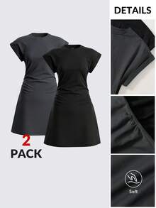 SHEIN BASICS 2件組休閒素色針織圓領短袖迷你洋裝女款夏季洋裝 - 彩色 - 查看 4