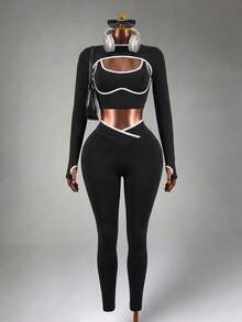 Mistrie 3pcs Women Seamless Ribbed Sports Set, Long Sleeve Shawl Collar Top, Contrast Color Tank, High Waist Tight Leggings Athletic Active Gym Three Pieces Set Workout Legging Tights Three Pieces Set Women Gym Set - Black - View 5