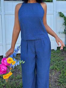 Alexandranx Women's Summer Striped Spaghetti Strap Top And Pants Casual 2 Pieces Set Lounge Sets For Women Short Sets For Women Elegant - Navy Blue - View 6